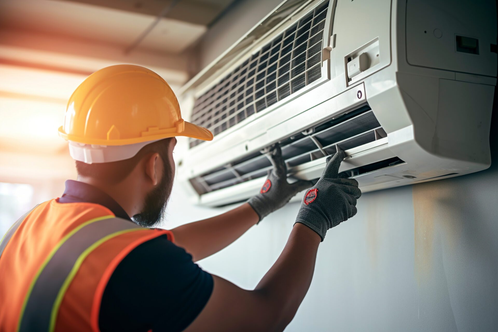 Technician checking and changing the filters of a domestic air conditioning split.